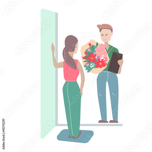 Man holding floral present - a big bunch of flowers. Illustration can be used for delivery shopping in flower shops.