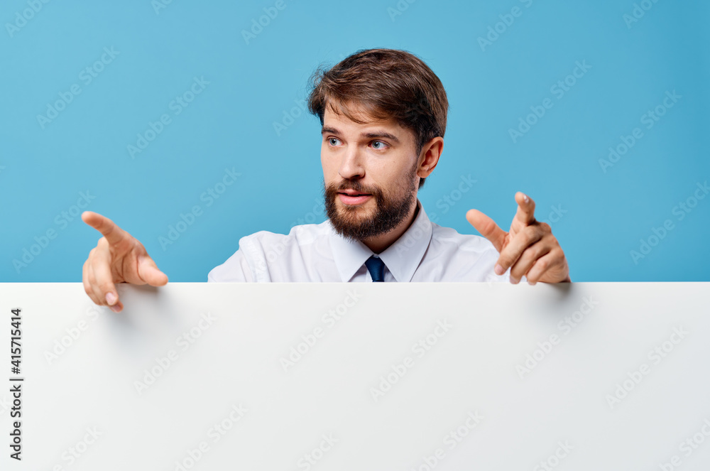 bearded man white mockup Poster Copy Space cropped view blue background