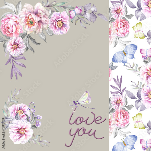 love card with watercolor peonies