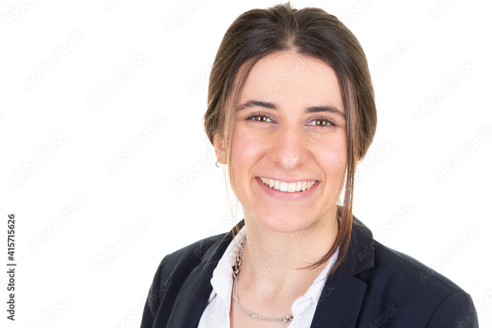 beautiful smiling portrait confident business woman in white background aside copy space beautiful smiling portrait confident business woman in white background aside copy space