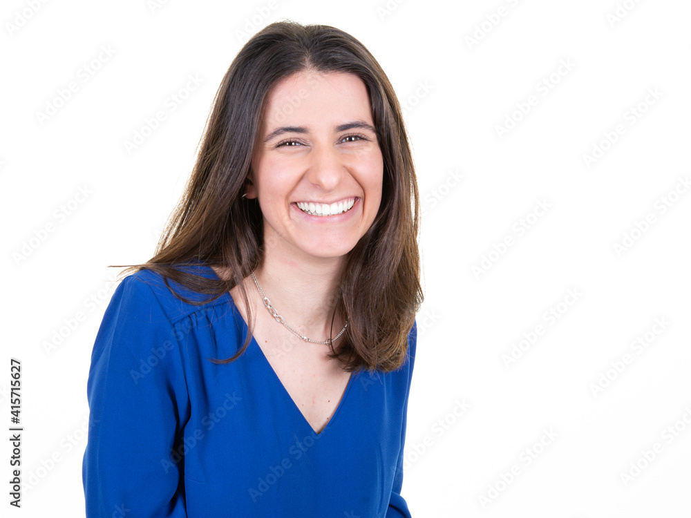 portrait cute brunette happy smile woman standing in white background portrait cute brunette happy smile woman standing in white background