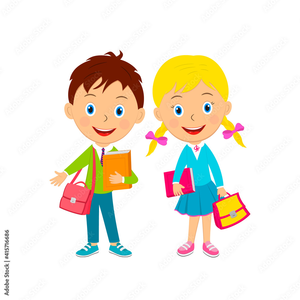 cute cartoon boy and girl with books and bags cute cartoon boy and girl with books and bags
