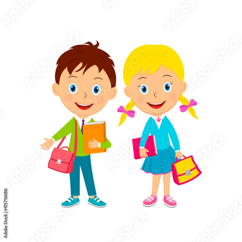 cute cartoon boy and girl with books and bags
