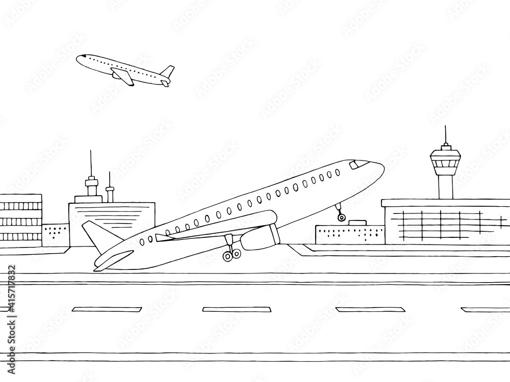 Airport exterior plane takes off graphic black white sketch illustration vector 
