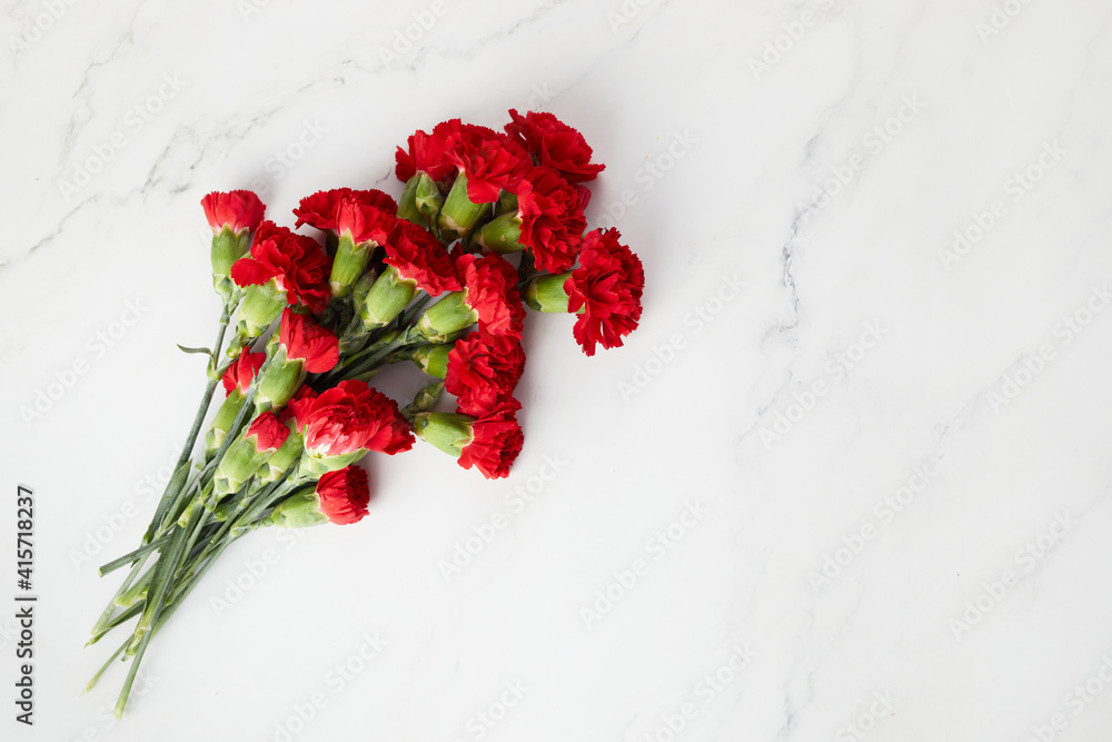 Beaytiful carnation flowers on marble background. Top view Beaytiful carnation flowers on marble background. Top view