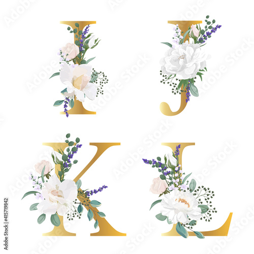 Floral Alphabet. Set letters with botanical bouquet. Wedding invitations, greeting card, birthday, logo, poster other ideas. Vector illustration.