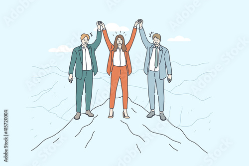 Business Team, Partnership, success concept. Group of business people standing on top of mountain with hands raised celebrating collective common corporate success together in cooperation