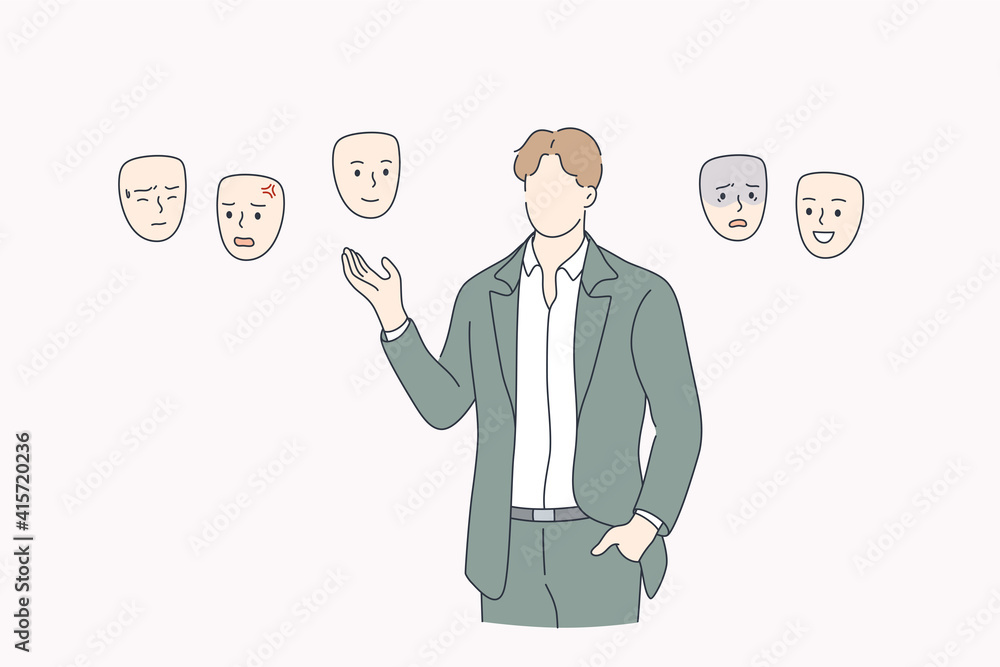 Choosing mood, self identity concept. Businessman without face standing and choosing right mask to wear trying to feel his identity and state of mind vector illustration Choosing mood, self identity concept. Businessman without face standing and choosing right mask to wear trying to feel his identity and state of mind vector illustration