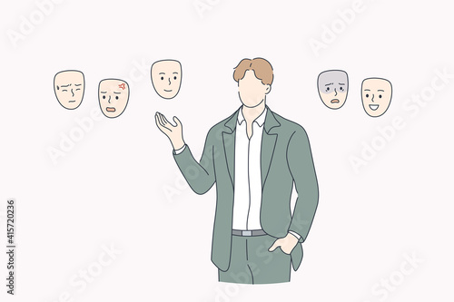 Choosing mood, self identity concept. Businessman without face standing and choosing right mask to wear trying to feel his identity and state of mind vector illustration