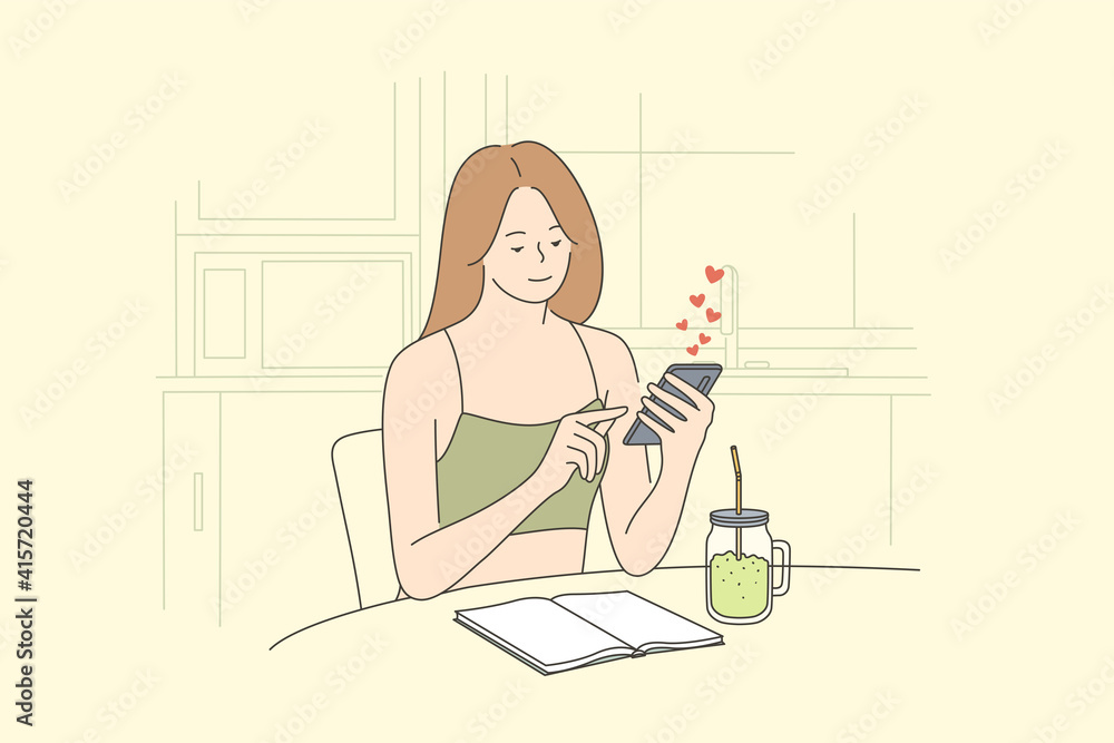 Healthy lifestyle, technology, online communication concept. Young smiling woman cartoon chaarcter in sportswear sitting in kitchen drinking detox juice chatting on smartphone illustration Healthy lifestyle, technology, online communication concept. Young smiling woman cartoon chaarcter in sportswear sitting in kitchen drinking detox juice chatting on smartphone illustration