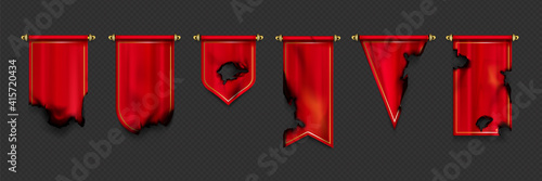 Red pennant flags different shapes with burnt edges and holes after fire or war. Vector realistic template of canvas pendants on gold pins, old torn textile pennons isolated on transparent background