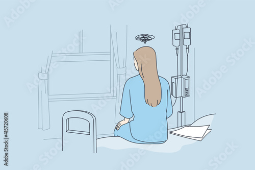 Disease, illness, hospital concept. Back view of lonely young woman sitting on bed in hospital feeling depressed with body check result paper besides in clinic vector illustration 