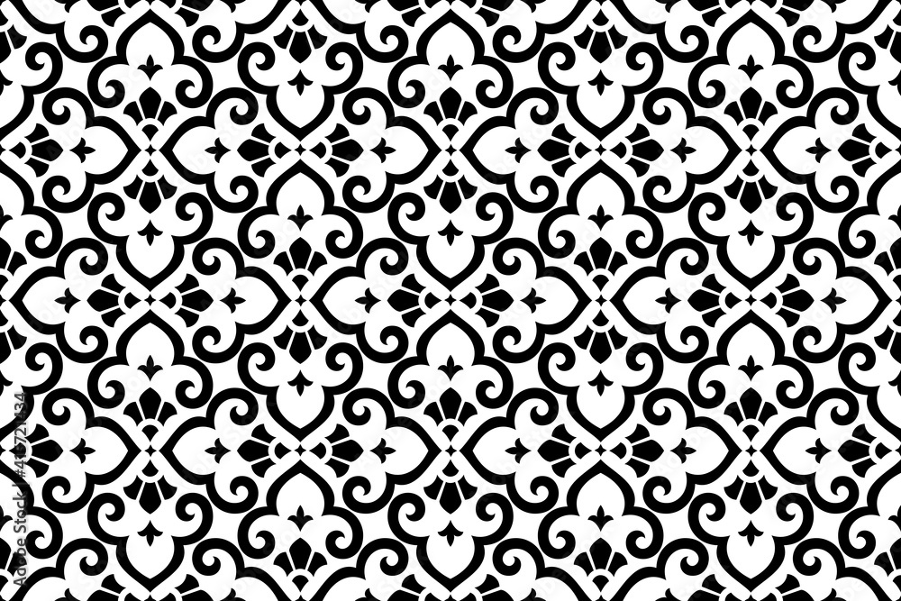 Flower geometric pattern. Seamless vector background. White and black ornament. Ornament for fabric, wallpaper, packaging. Decorative print Flower geometric pattern. Seamless vector background. White and black ornament. Ornament for fabric, wallpaper, packaging. Decorative print