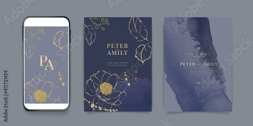 Luxury blue Social Media, mobile  Wedding invite frame templates. Vector background. Invitation mobile Floral with golden collage layout design.