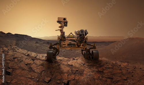 Fototapeta Naklejka Na Ścianę i Meble -   Mars 2020 Perseverance Rover is exploring surface of Mars. Perseverance rover Mission Mars exploration of red planet. Space exploration, science concept. .Elements of this image furnished by NASA.