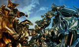 Metallic alien reflective sculptures of silver, bronze and gold. 3d fractal graphic, part of a huge fractal, calculated with Mandelbulb 3D program, JPEG Grafik
