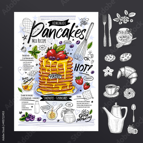 Food poster, pancakes recipe, ingredients, homemade. Honey, sweet, baked crepes, strawberry, breakfast berries Yummy cartoon style isolated Hand drew vector