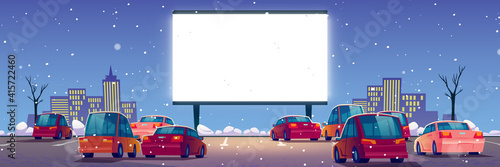 Outdoor cinema, drive-in movie theater with cars on open air parking at winter. Vector cartoon landscape of night city with snow, glowing blank screen and automobiles
