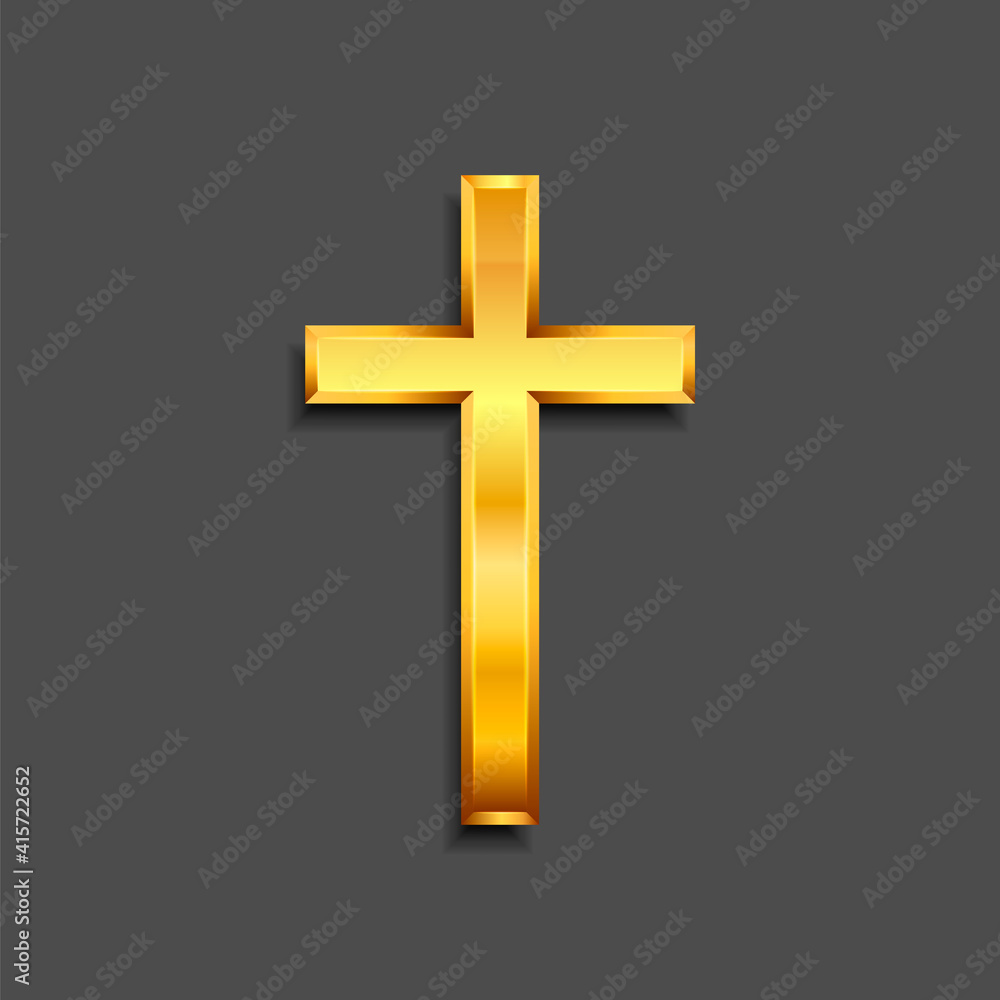 Golden Christian cross. Realistic cross isolated on background. Vector illustration.