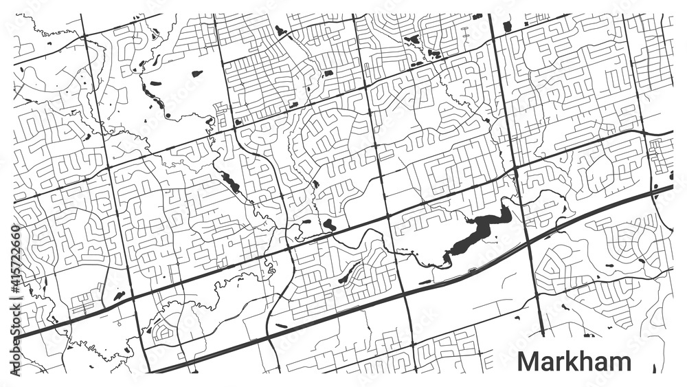 Map of Markham city, Ontario, Canada. Horizontal background map poster black and white, 1920 1080 proportions. Map of Markham city, Ontario, Canada. Horizontal background map poster black and white, 1920 1080 proportions.