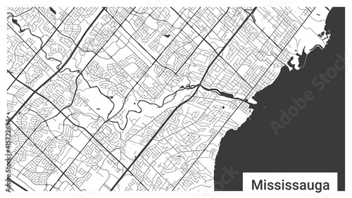 Map of Mississauga city, Ontario, Canada. Horizontal background map poster black and white, 1920 1080 proportions.