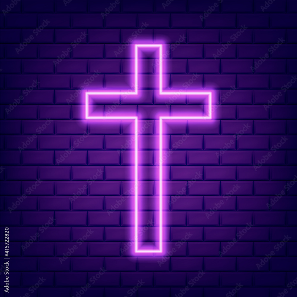 Christian cross glowing neon sign or LED strip light. Vector illustration.