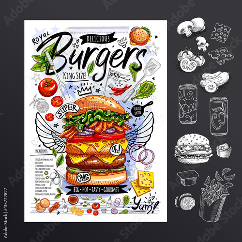 Food poster, ad, fast food, ingredients, menu, burger. Sliced veggies, bun, cutlet, cheese meat bacon Yummy cartoon style isolated Hand drawn vector