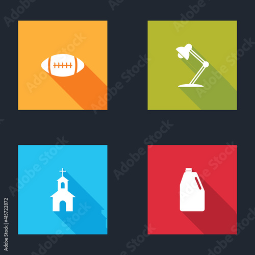 Set American Football ball  Table lamp  Church building and Household chemicals bottle icon. Vector.
