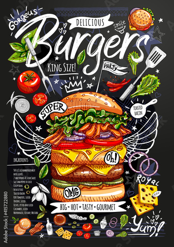 Food poster, ad, fast food, ingredients, menu, burger. Sliced veggies, bun, cutlet, cheese meat bacon Yummy cartoon style isolated Hand drawn vector