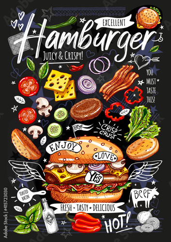 Food poster, ad, fast food, ingredients, menu, burger. Sliced veggies, bun, cutlet, cheese meat bacon Yummy cartoon style isolated Hand drew vector