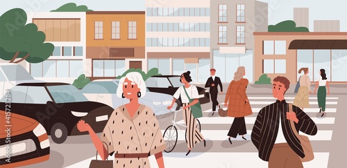 People crossing road at uncontrolled pedestrian crosswalk. Citizens walking the street in city. Busy traffic in megalopolis. Colored flat cartoon vector illustration of modern cityscape
