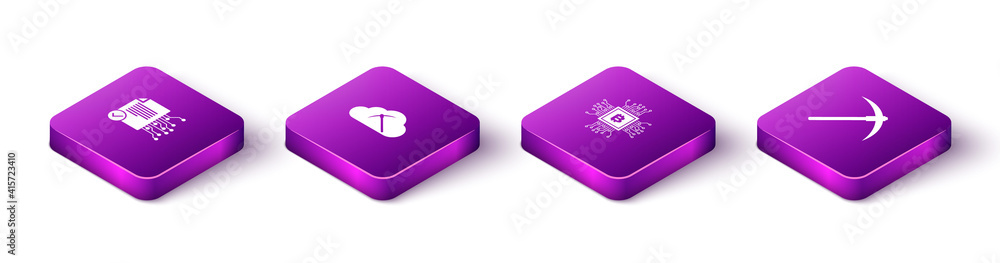 Set Isometric Smart contract, Cryptocurrency cloud mining, CPU farm and Pickaxe icon. Vector. Set Isometric Smart contract, Cryptocurrency cloud mining, CPU farm and Pickaxe icon. Vector.