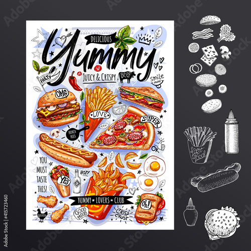 Food poster, ad, fast food, set, menu, burger, pizza slice, sandwich, roll, chicken, fries, hot dog grilled eggs snack Yummy cartoon style isolated Hand drew vector
