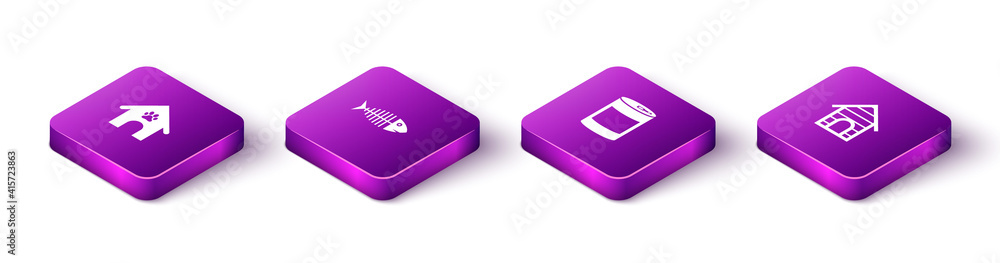 Set Isometric Dog house and paw print pet, Fish skeleton, Canned food and icon. Vector. Set Isometric Dog house and paw print pet, Fish skeleton, Canned food and icon. Vector.