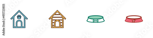 Set Dog house and paw print pet, , Pet food bowl and icon. Vector.