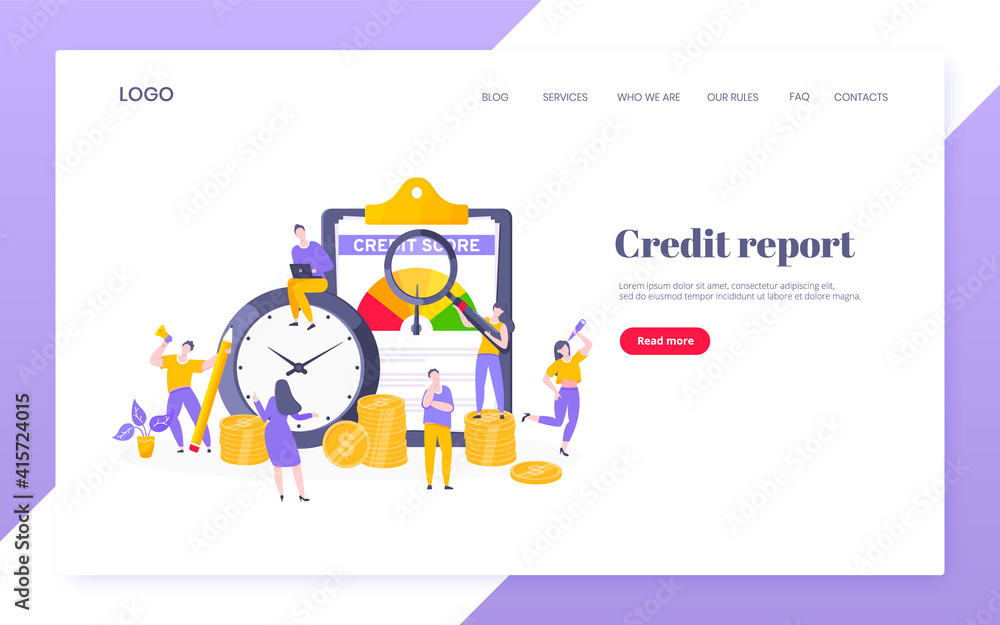 Credit score report with arrow gauge speedometer indicator with color levels on giant clipboard. Measurement from poor to excellent rating with people working together landing page.