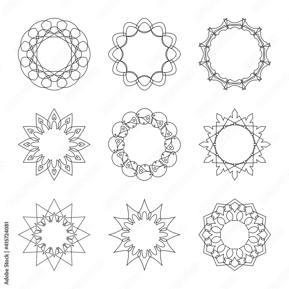 Vector set of circular banners with thin intersecting lines. Circle frame in the form of snowflakes and stars Vector set of circular banners with thin intersecting lines. Circle frame in the form of snowflakes and stars