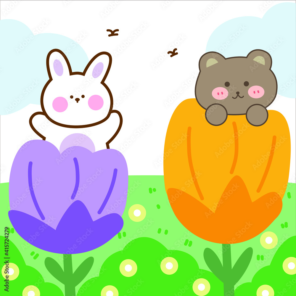 Fototapeta premium Cartoon cute bunny bear square decorative painting vector design illustration