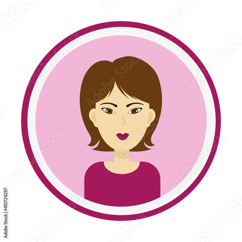 Female avatar. Cute woman portrait on pink background. Girl face with medium length brown hair and brown eyes. Isolated vector illustration