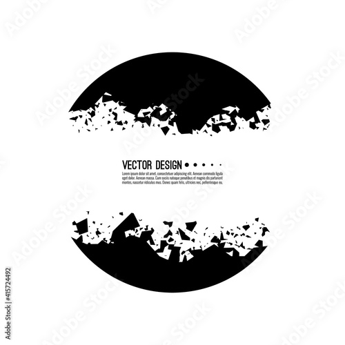 Explosive black banner. Vector circle breaking into small debris with sharp particles.