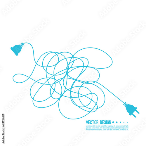 Abstract background with electric plug and tangled cable. Vector illustration isolated on white background. The concept of chaos, confusion, disconnect.