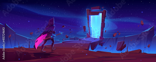 Knight and magic portal in stone frame on mountain landscape at night. Vector cartoon fantasy illustration with man in medieval costume with spear and ancient arch with mystic blue glow