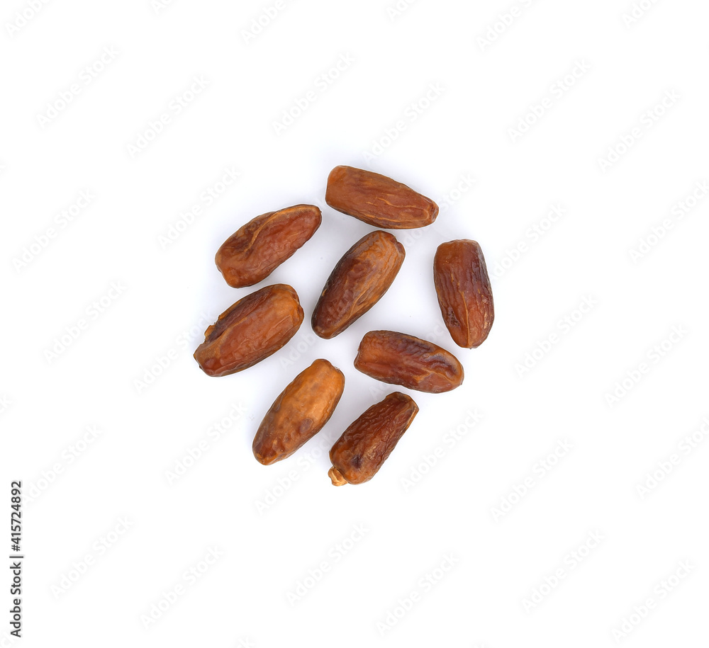 dry dates isolated on white background. Top view. Flat lay pattern dry dates isolated on white background. Top view. Flat lay pattern