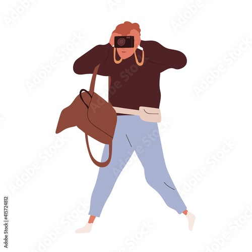 Young tourist traveling with backpack and camera. Active person walking and taking photos on the go during excursion and sightseeing. Colored flat vector illustration isolated on white background