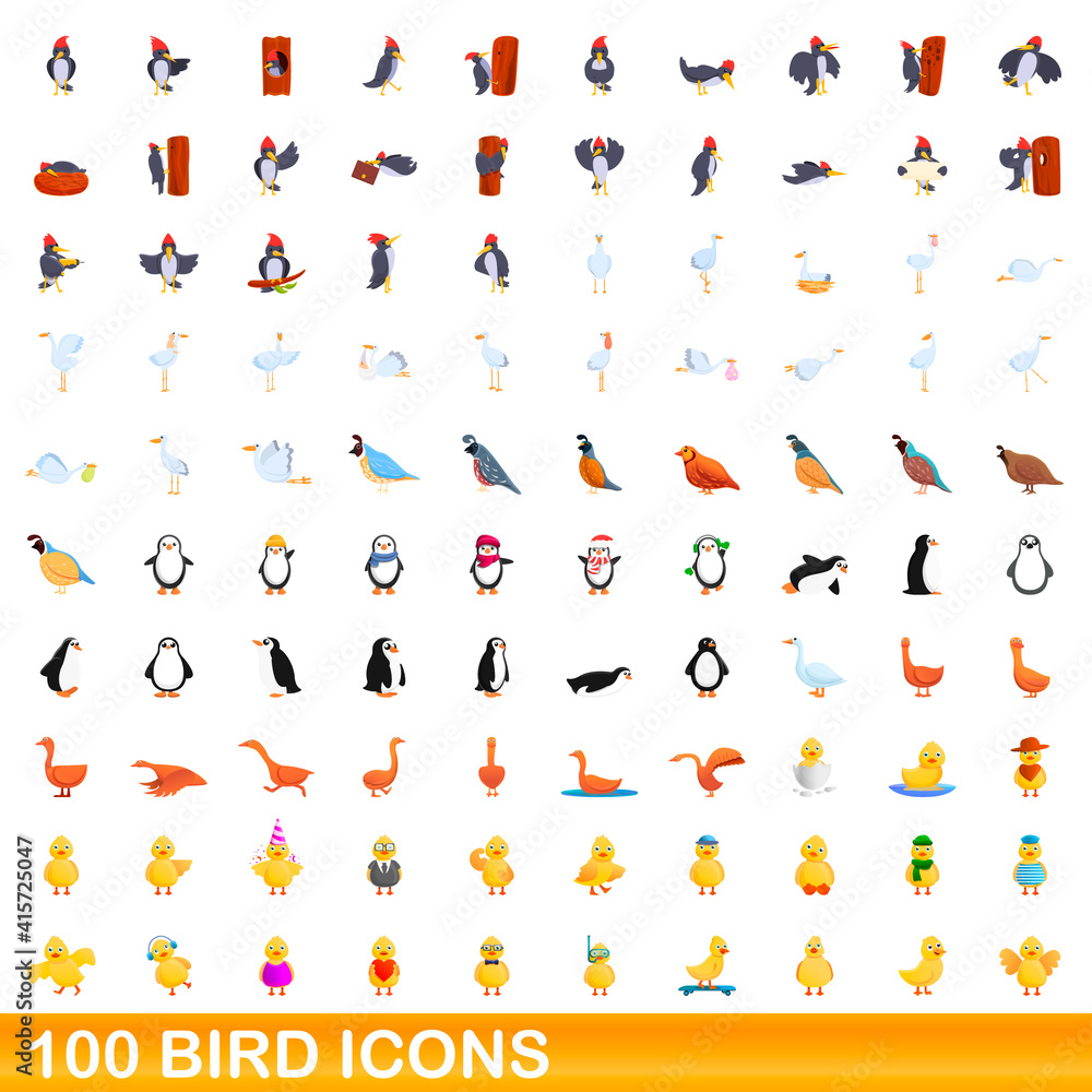 Fototapeta premium 100 bird icons set. Cartoon illustration of 100 bird icons vector set isolated on white background