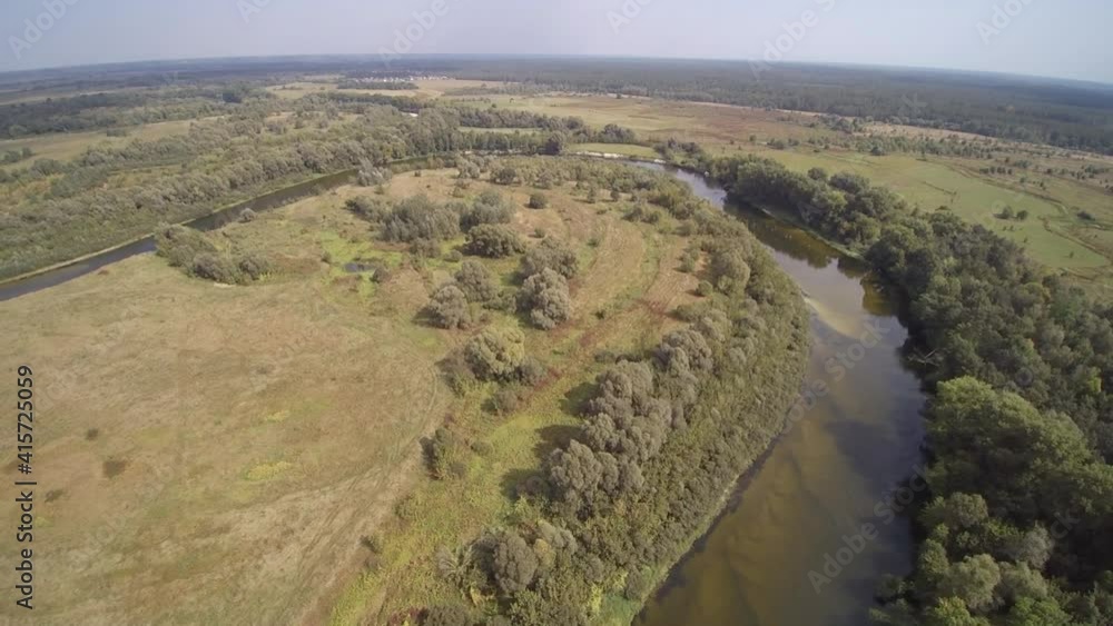 View from the drone. River, sandy beach, field, forest View from the drone. River, sandy beach, field, forest