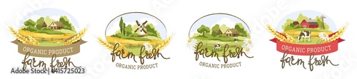 Collection logotype for farm product / Vector illustration, fields and meadows with cows and farm houses