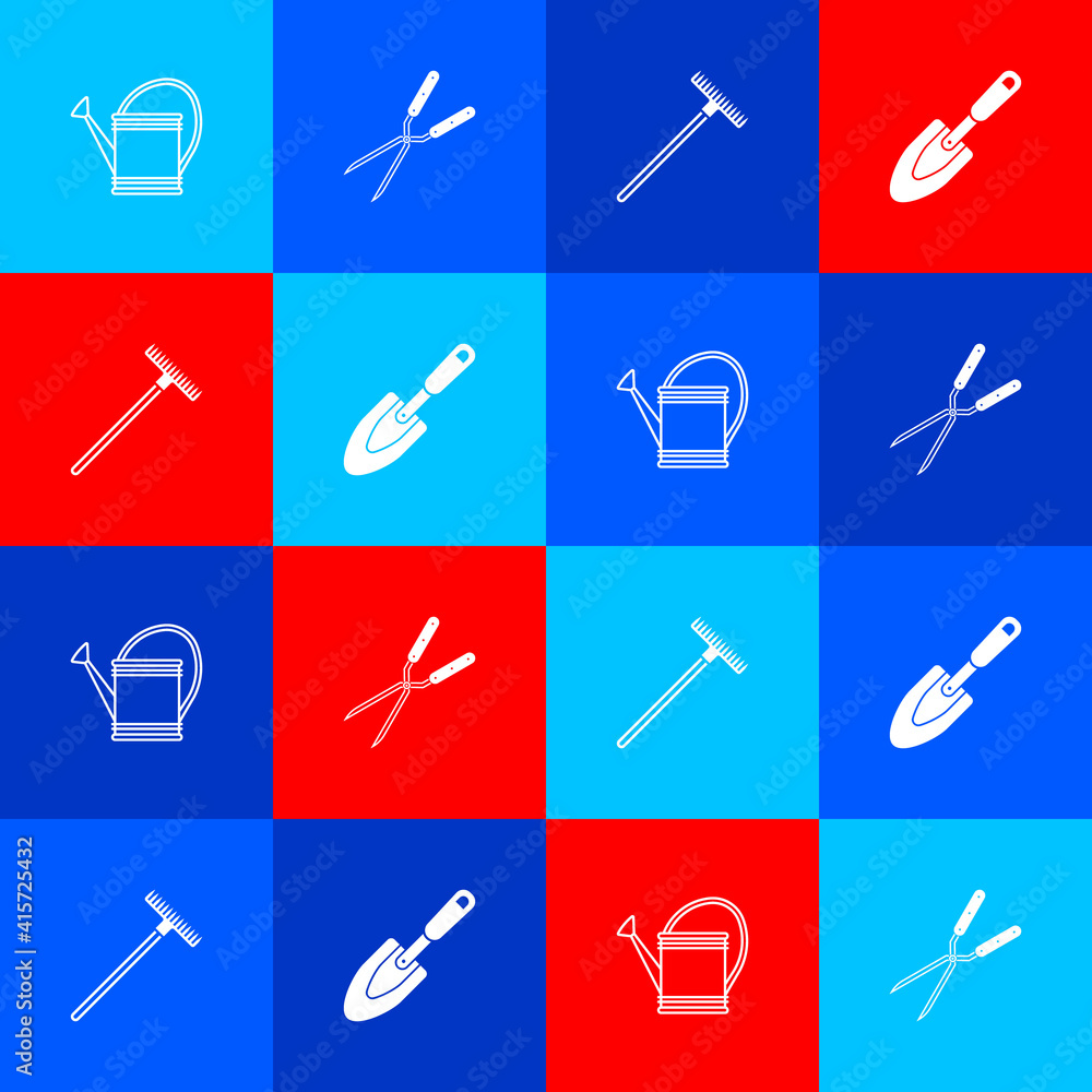 Set Watering can, Gardening handmade scissor, rake and trowel spade shovel icon. Vector. Set Watering can, Gardening handmade scissor, rake and trowel spade shovel icon. Vector.