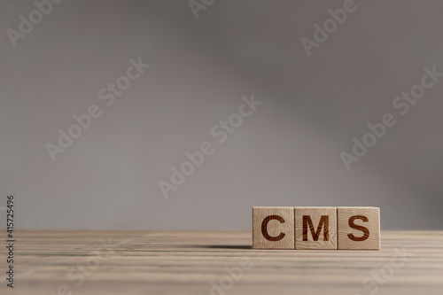 Wood cubes with acronym 'CMS' - 'Customer Management system' on a beautiful wooden table, studio background. Business concept and copy space.