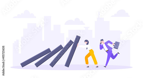 Domino effect or business resilience metaphor vector illustration concept. Adult young business people pushing falling domino line business concept of problem solving stopping domino chain reaction.